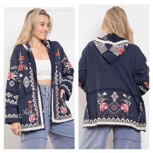 Blue Velvet Floral Embroidered Navy Cardigan